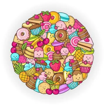Circle from the funny sweets, fruit and ice cream. Donuts, cupcakes, cakes an Stock Illustration