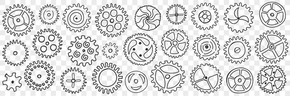 Circle gears with patterns doodle set Stock Illustration