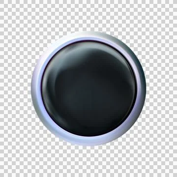 Circle glossy realistic black button, chrome or silver rim. Png Stock Illustration