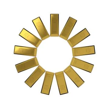 Circle from gold bars.Abstract sun. 3D rendering illustration. Иллюстрация
