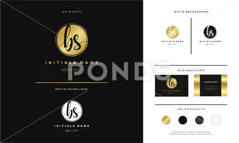 Circle Golden letter BS B S Initial logo design with handwriting style ...