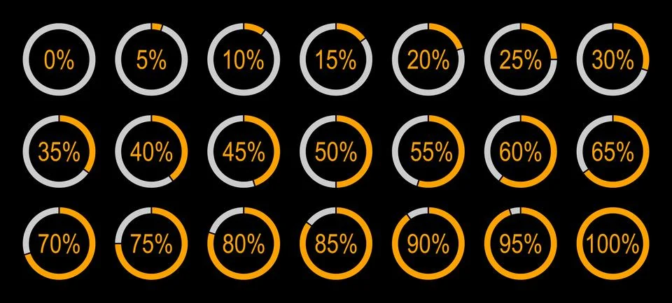 Circle graph percentage loading. Round diagrams icons from 0 to 100 percent. Stock Illustration