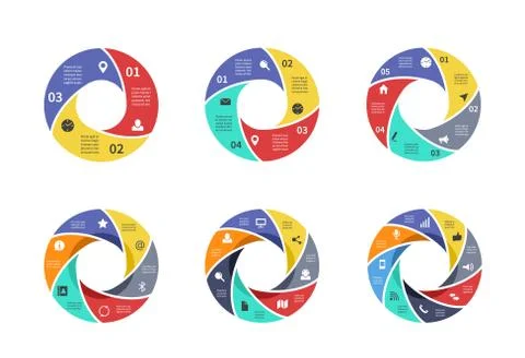 Circle graph, pie strategy diagrams, circular arrows charts with options, parts Stock Illustration