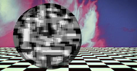 Circle of grey pixelated blocks over colourful blur with moving checkerboard Ilustración de archivo