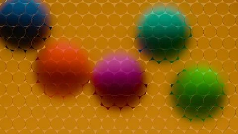 Circle grid overlay on sphere clusters arranged across a tiled background p.. Illustrazione stock