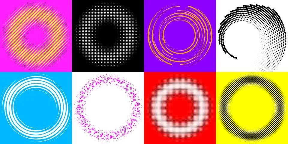Circle halftone. Abstract dotted circles, round halftones geometric dots Illustrazione stock