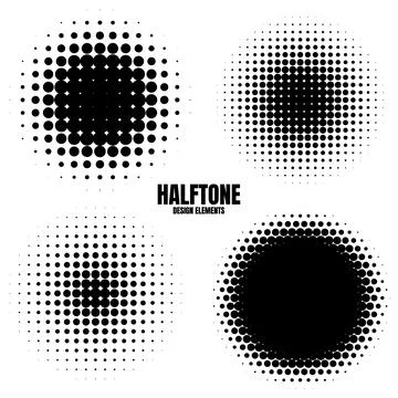 Circle halftone design elements with black dots isolated on white background Stock Illustration
