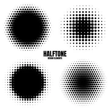 Circle halftone design elements with black dots isolated on white background Stock Illustration
