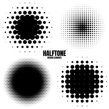 Circle halftone design elements with black dots isolated on white background Stock Illustration