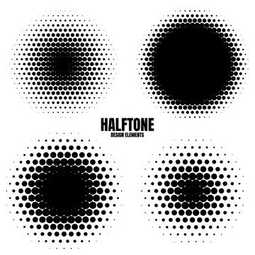 Circle halftone design elements with black dots isolated on white background Illustrazione stock