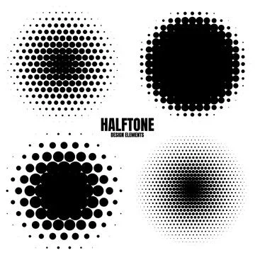 Circle halftone design elements with black dots isolated on white background Illustrazione stock