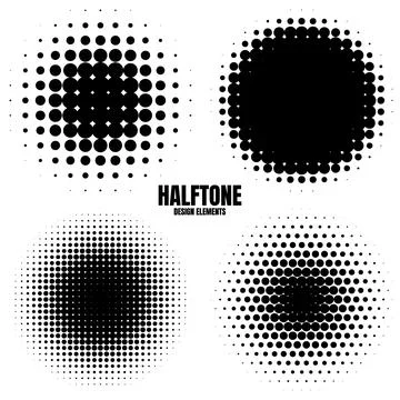 Circle halftone design elements with black dots isolated on white background Stock Illustration