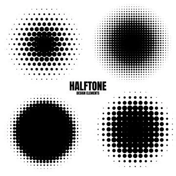 Circle halftone design elements with black dots isolated on white background Illustrazione stock