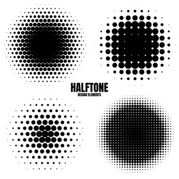 Circle halftone design elements with black dots isolated on white background Stock Illustration
