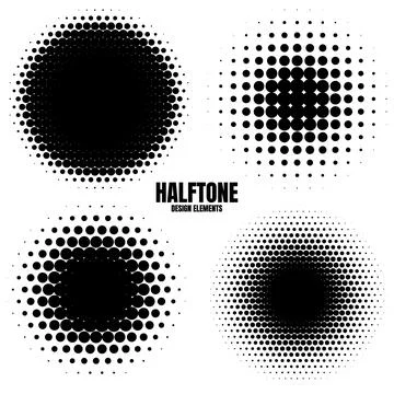 Circle halftone design elements with black dots isolated on white background Stock Illustration