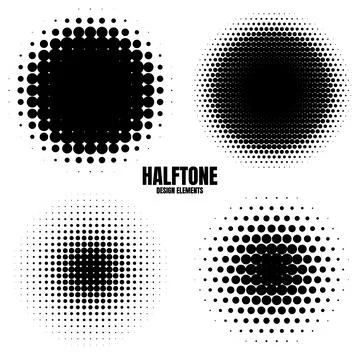 Circle halftone design elements with black dots isolated on white background Stock Illustration