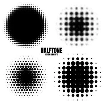 Circle halftone design elements with black dots isolated on white background Illustrazione stock