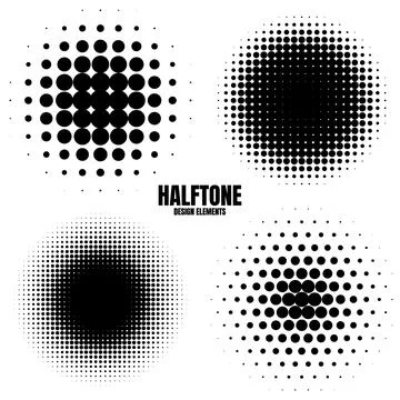 Circle halftone design elements with black dots isolated on white background Illustrazione stock