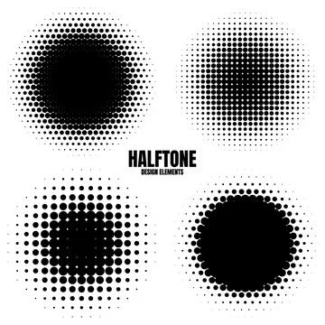 Circle halftone design elements with black dots isolated on white background Stock Illustration