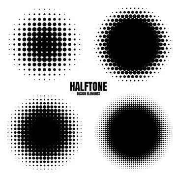 Circle halftone design elements with black dots isolated on white background Stock Illustration
