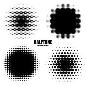 Circle halftone design elements with black dots isolated on white background Illustrazione stock