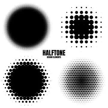 Circle halftone design elements with black dots isolated on white background Illustrazione stock