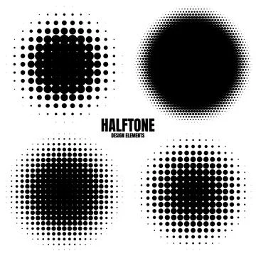 Circle halftone design elements with black dots isolated on white background Stock Illustration