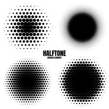 Circle halftone design elements with black dots isolated on white background Stock Illustration