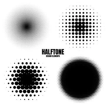 Circle halftone design elements with black dots isolated on white background Stock Illustration