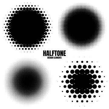 Circle halftone design elements with black dots isolated on white background Stock Illustration