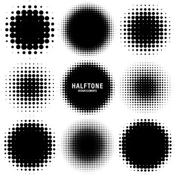Circle halftone design elements with black dots isolated on white background Stock Illustration