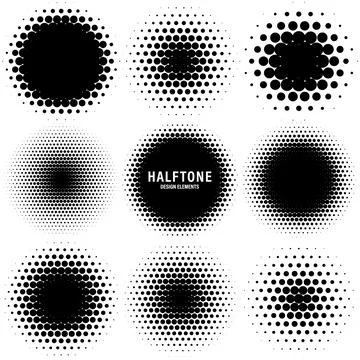 Circle halftone design elements with black dots isolated on white background Stock Illustration