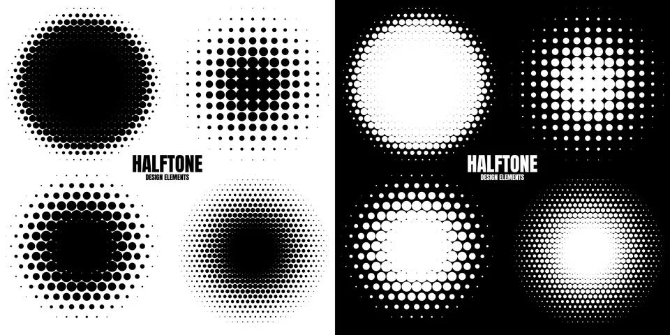 Circle halftone design elements with black dots isolated on white background Illustrazione stock