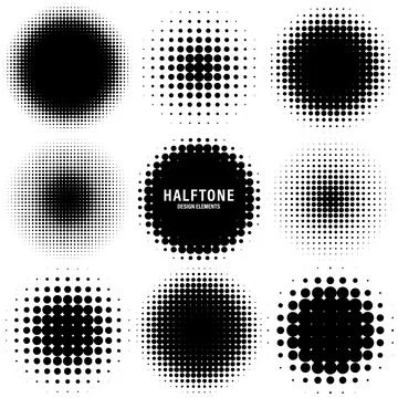Circle halftone design elements with black dots isolated on white background Illustrazione stock