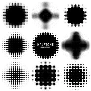 Circle halftone design elements with black dots isolated on white background Illustrazione stock