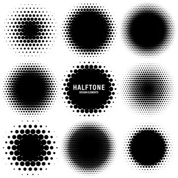Circle halftone design elements with black dots isolated on white background Stock Illustration