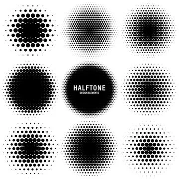 Circle halftone design elements with black dots isolated on white background Stock Illustration