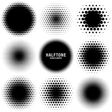 Circle halftone design elements with black dots isolated on white background Illustrazione stock