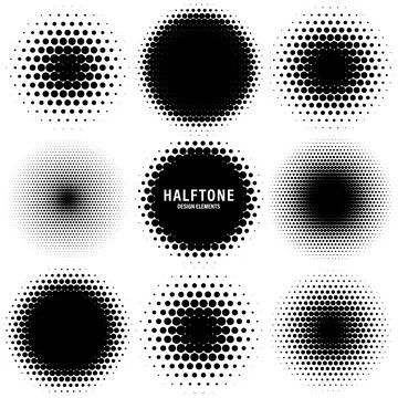 Circle halftone design elements with black dots isolated on white background Stock Illustration
