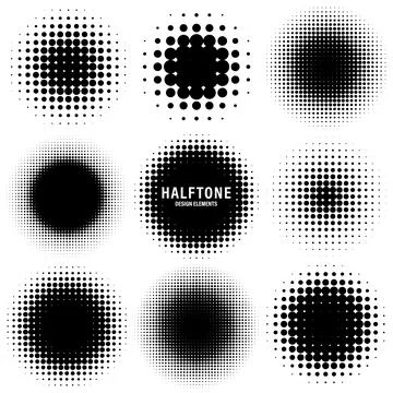 Circle halftone design elements with black dots isolated on white background Stock Illustration