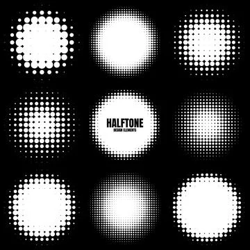 Circle halftone design elements with white dots. Comic dotted pattern.Vector Stock Illustration