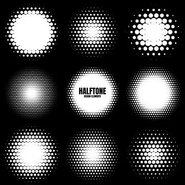 Circle halftone design elements with white dots. Comic dotted pattern.Vector Stock Illustration