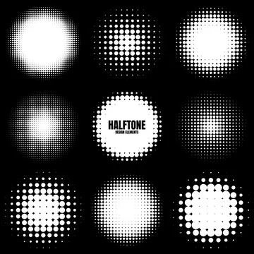 Circle halftone design elements with white dots. Comic dotted pattern.Vector Stock Illustration