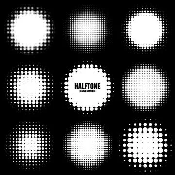 Circle halftone design elements with white dots. Comic dotted pattern.Vector Stock Illustration
