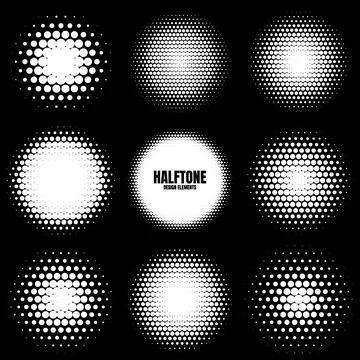 Circle halftone design elements with white dots. Comic dotted pattern.Vector Stock Illustration