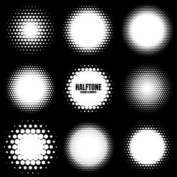 Circle halftone design elements with white dots. Comic dotted pattern.Vector Stock Illustration