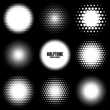 Circle halftone design elements with white dots. Comic dotted pattern.Vector Stock Illustration