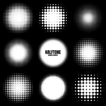 Circle halftone design elements with white dots. Comic dotted pattern.Vector Stock Illustration