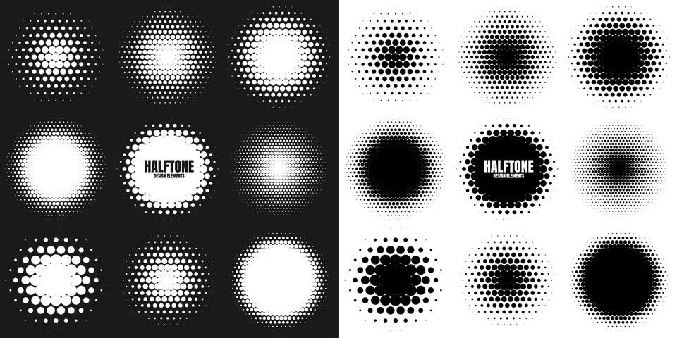 Circle halftone design elements with white dots. Comic dotted pattern.Vector Stock Illustration