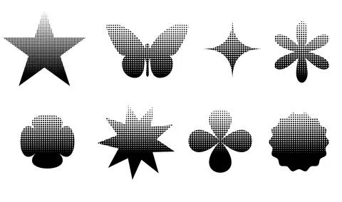 Circle halftone textured elements set. Abstract dotted brutalism shapes, round Illustrazione stock